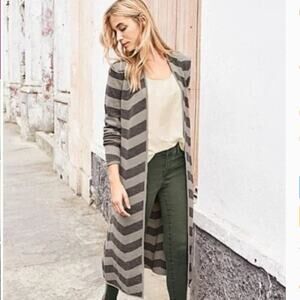 Garnet Hill Striped Brown Long Line Sweater Cardigan Duster Size XS